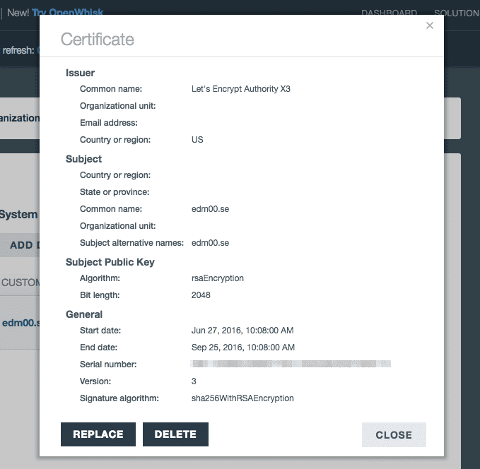 certificate confirmed on Bluemix