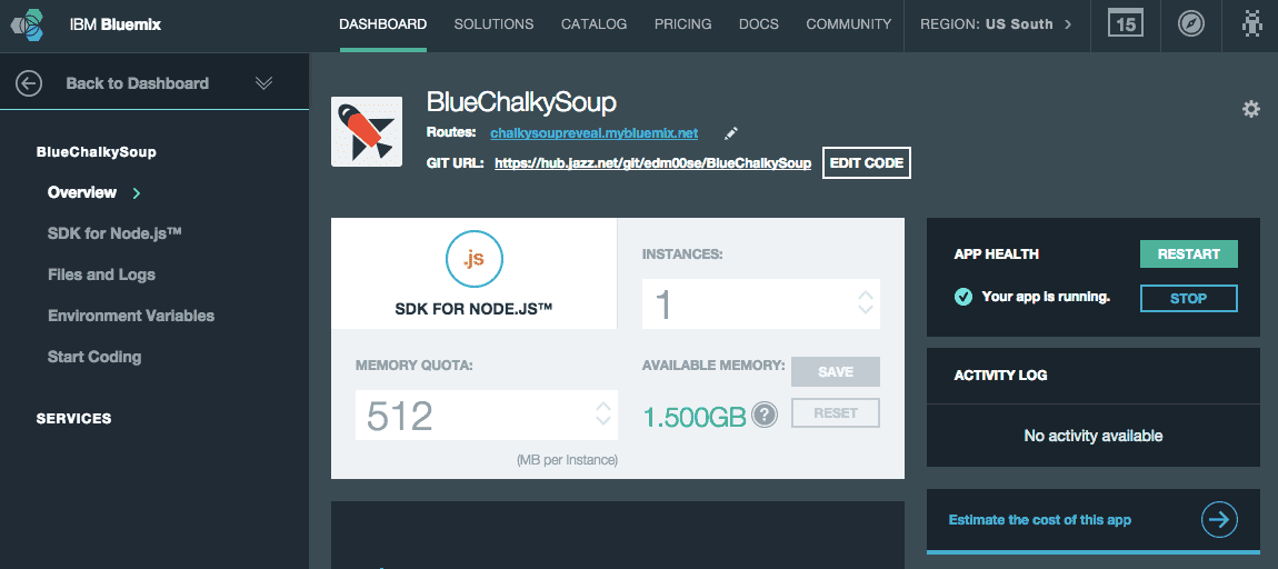 a view of the Bluemix dashboard