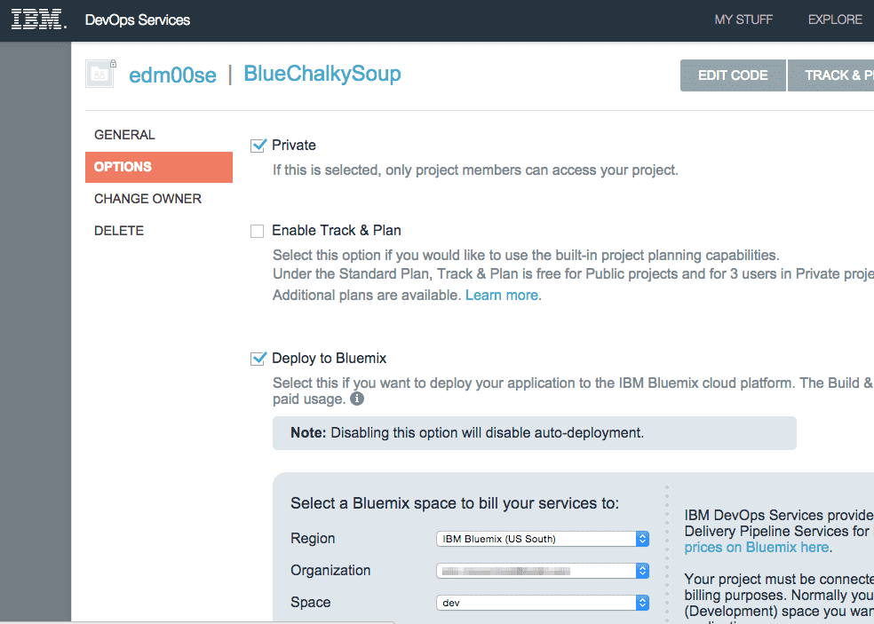 Settings > Options > Enable Bluemix