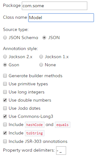 JsonSchema2Pojo.org example settings