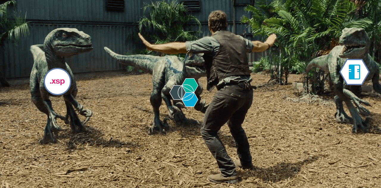 Pratt keeping from Jurassic World, modified to reflect Domino, XPages runtime, and bluemix icons overlayed on top of the three velociraptors